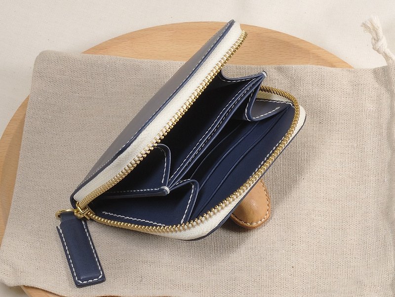 ㄇ型拉鍊短夾  零錢包 卡片夾 靛藍色 可客製化 - 銀包 - 真皮 藍色