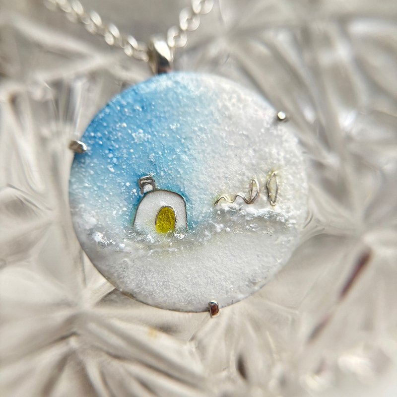 Aurora Snow Hut - Enamel Craft Necklace / Sterling Silver Champlevé Enamel - Earrings & Clip-ons - Silver White