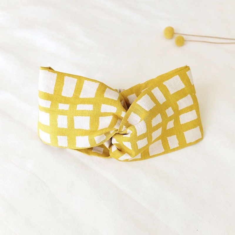 Natural wind wide hair band. Mustard yellow lattice, linen - เครื่องประดับผม - ผ้าฝ้าย/ผ้าลินิน สีเหลือง