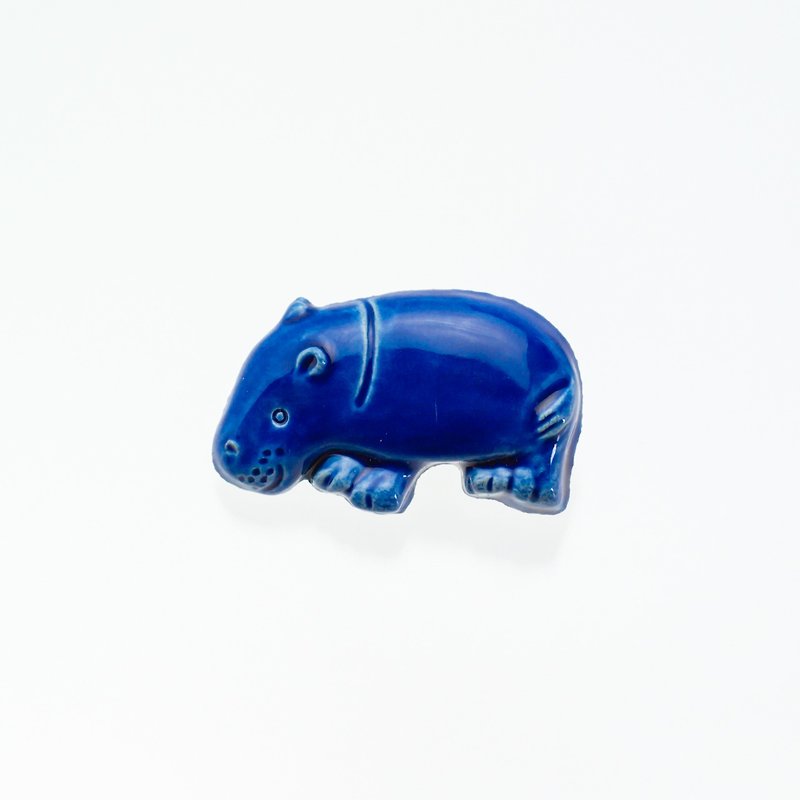ceramics brooch hippopotamus cobalt blue - Brooches - Pottery Blue