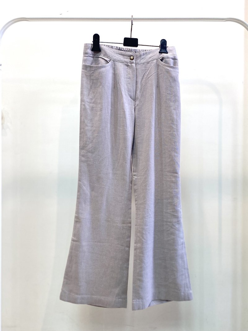 Cotton and Linen feel flat high waist small flared pants light gray - กางเกงขายาว - ผ้าฝ้าย/ผ้าลินิน 