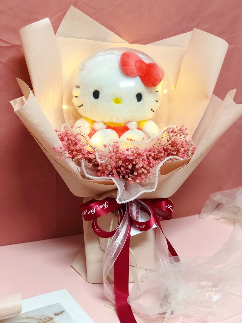 【生日禮物】哈囉貓硬殼波波球永生滿天星花束 KT娃娃 畢業花 - 乾燥花/永生花 - 植物．花 粉紅色