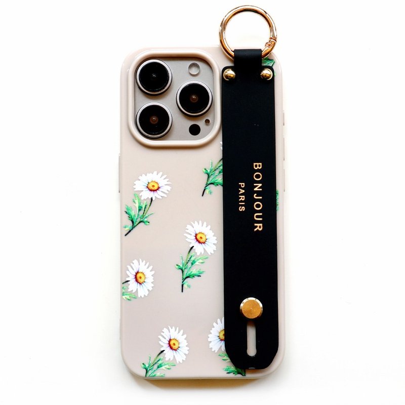 iPhone16/15/14/13/12 Paris Series-French Pink Chrysanthemum Garden Wristband Phone Case - เคส/ซองมือถือ - พลาสติก หลากหลายสี