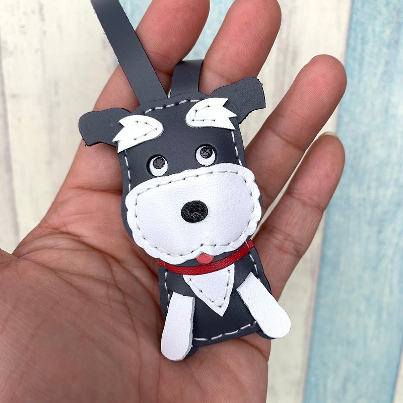 Dark gray/white cute schnauzer handmade sewn leather bag hanging small size - Keychains - Genuine Leather Gray