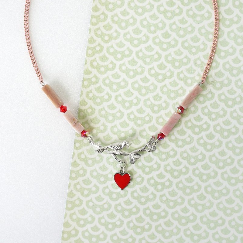 Bird on Branch with Pink Rhodonite Stone and Red Love Charm Necklace - Necklaces - Semi-Precious Stones Pink