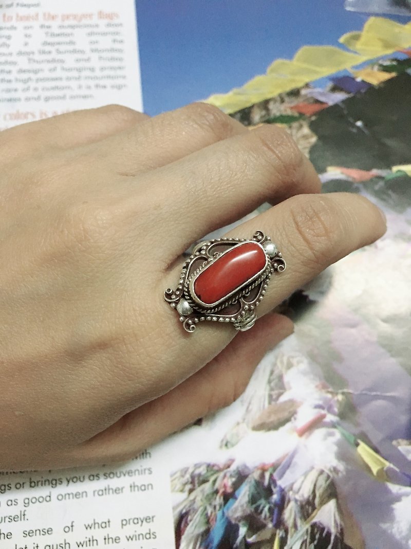 Coral Finger Ring Special Nepali design Handmade in Nepal 92.5% Silver - แหวนทั่วไป - เครื่องประดับพลอย 