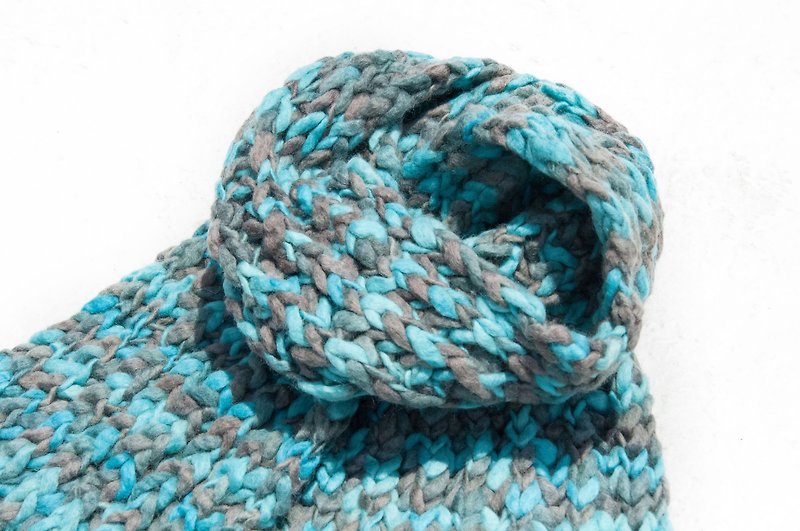 Hand-woven pure wool scarf / knit scarf / crochet striped scarf / handmade knit scarf - thick line sky - Knit Scarves & Wraps - Wool Blue