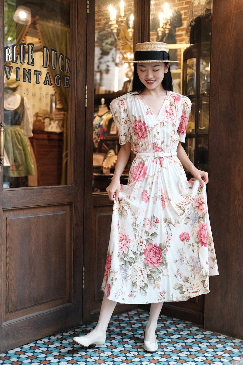 Vintage dress美國制印花連衣裙古著 - 洋裝/連身裙 - 其他人造纖維 
