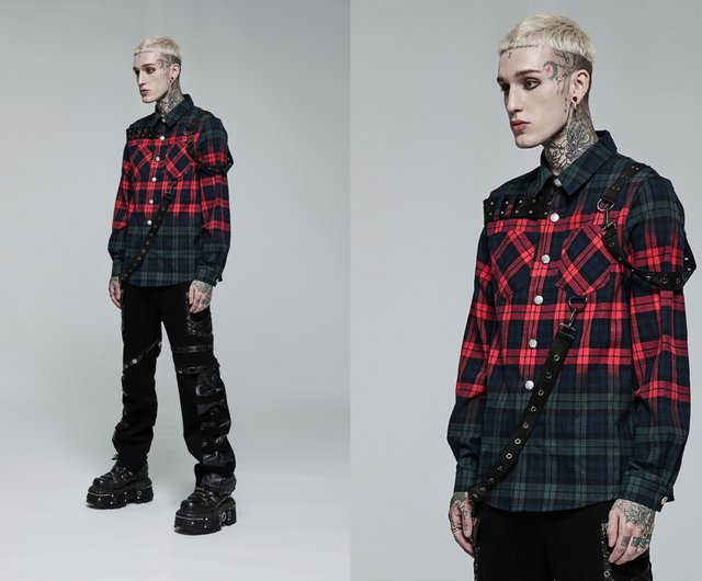 Men's Punk Double Color Splice Plaid Shirt – Punk Design