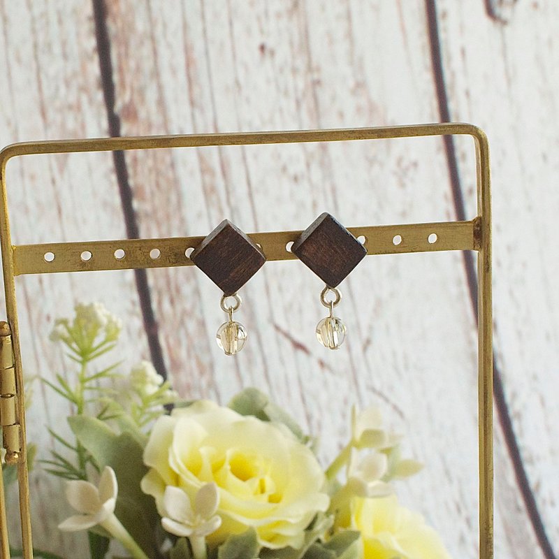 正方形原木 淡金水晶球 手工耳環 純銀耳針 禮物訂製 - 耳環/耳夾/耳骨夾 - 木頭 粉紅色