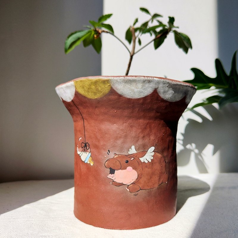 Flying baby hippo painted on dark brown clay planter. Plant pot with drainage. - เซรามิก - ดินเผา 