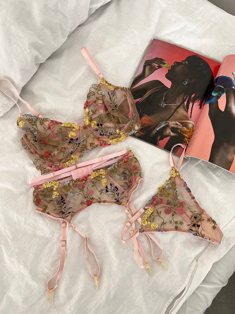 Floral Underwear Set, Lace Lingerie Set, Nude Lingerie, Sexy, bra/thong/belt - Women's Underwear - Other Materials Pink