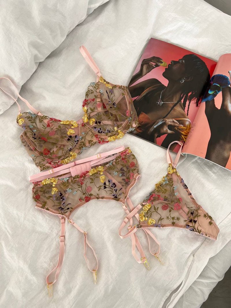 Floral Underwear Set, Lace Lingerie Set, Nude Lingerie, Sexy, bra/thong/belt - Shop La Mia