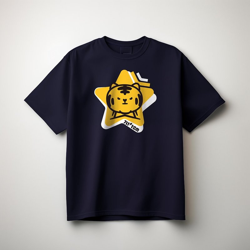 老虎 | 李好 | 星星 | 藏青印花T Shirt - 男 T 恤 - 棉．麻 黑色