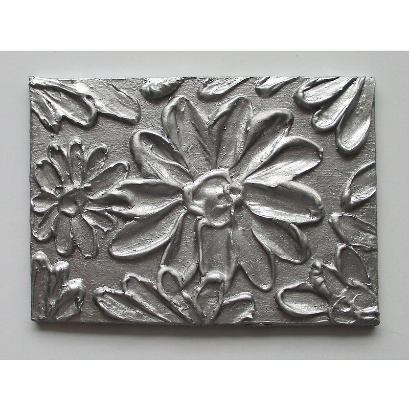 Original ACEO 3D Abstract Silver Flowers Floral Art Miniature OOAK Acrylic - 牆貼/牆身裝飾 - 其他材質 銀色