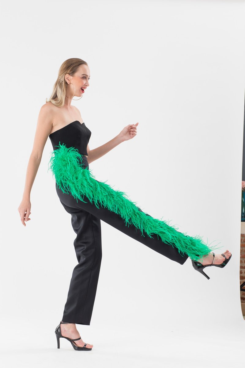 Jaclyn Black Ostrich Feather Boa Pant Feather Pant - 女長褲 - 聚酯纖維 綠色