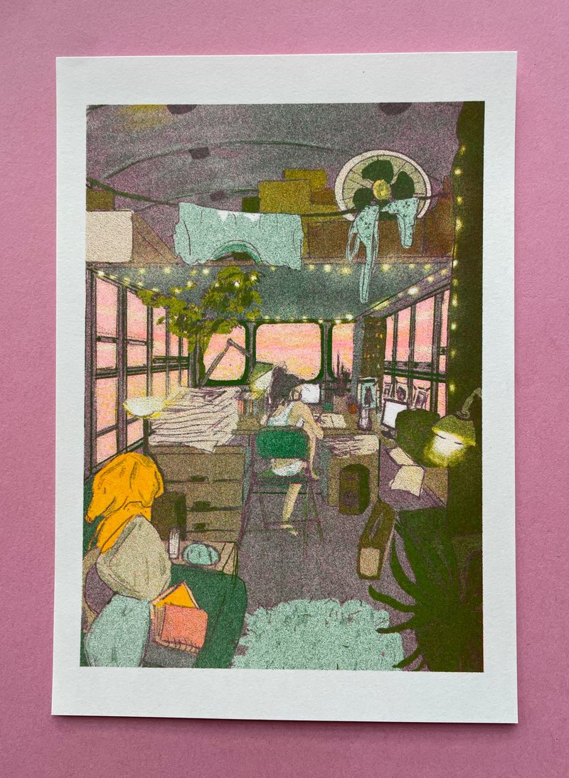 A5 Riso 原創插畫印品 -漫畫家工作室房車-原創Risograph孔版版畫 - 壁貼/牆壁裝飾 - 紙 多色