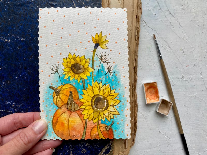 Sunflower painting Pumpkin Original art Fall watercolor Gallery wall art - โปสเตอร์ - กระดาษ หลากหลายสี