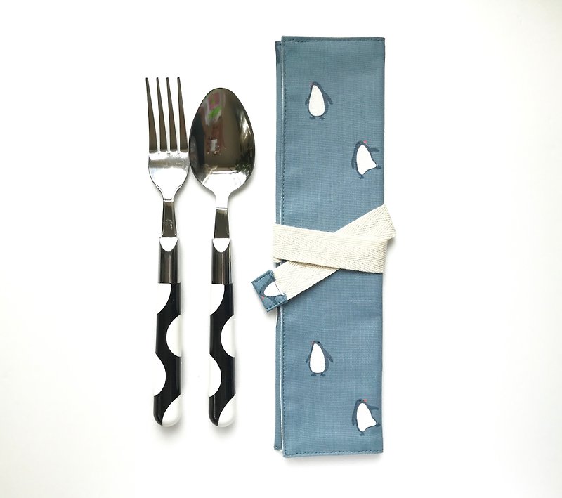 布製餐具套 小企鵝 藍色  環保 餐具袋 餐具收納 - 其他 - 棉．麻 藍色