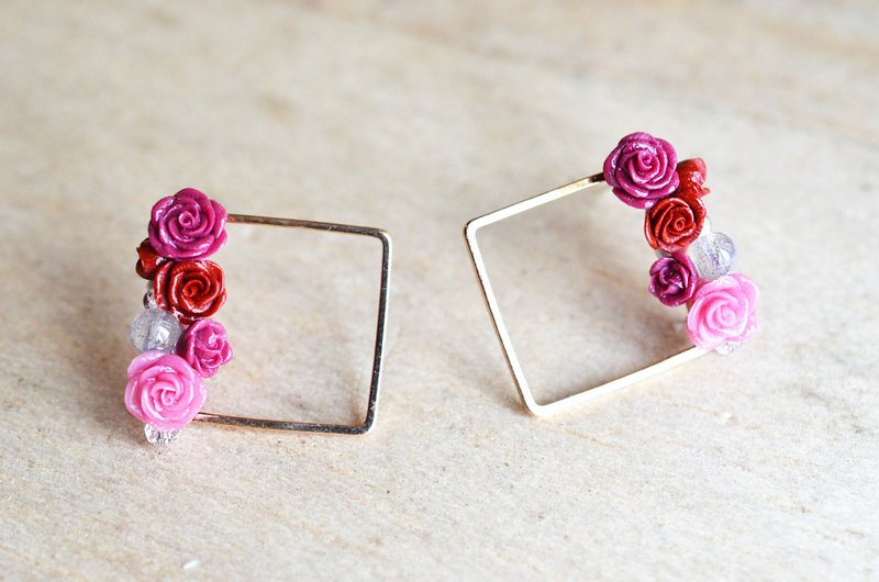 Gold Frame Red Rose Sterling Silver Earrings - ต่างหู - ดินเหนียว สีแดง