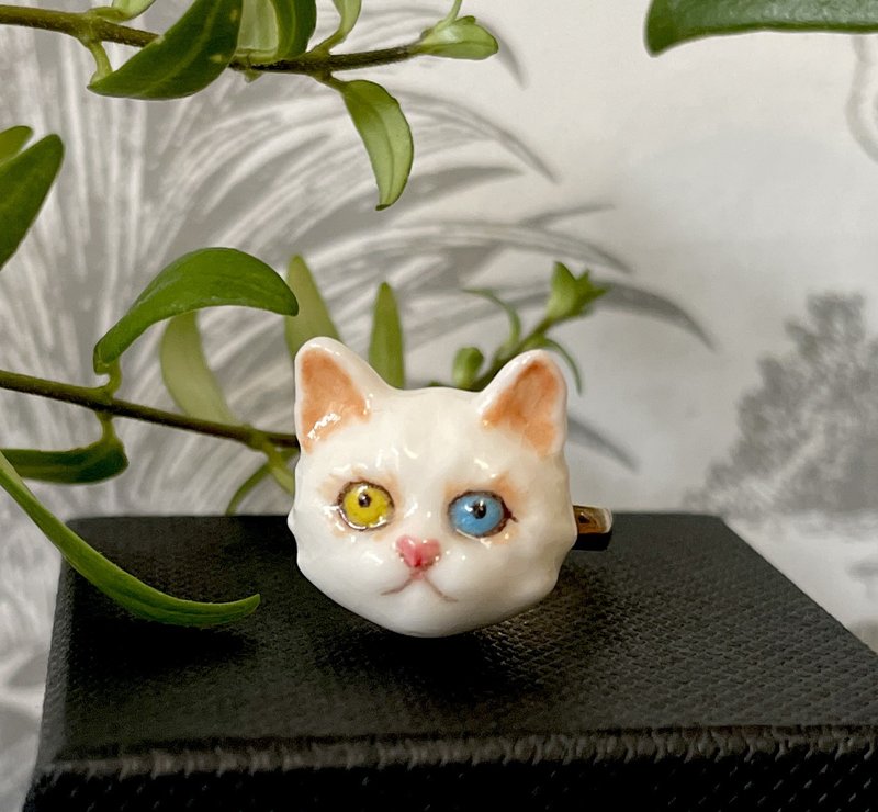 Persian odd-eyed Porcelain cat Pendant Adjustable Ring / Hand painted/ Gift - General Rings - Porcelain 