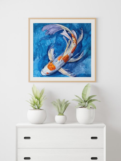 鯉の絵画、水彩画、オリジナルの鯉の壁アート、日本の壁の装飾