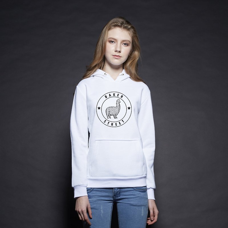 British Fashion Brand [Baker Street] Alpaca Stamp Printed Hoodie - Unisex Hoodies & T-Shirts - Cotton & Hemp White