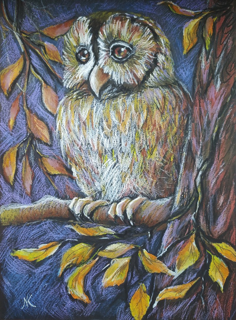 秋天森林里的猫头鹰画油画粉彩原始艺术鸟画肖像 - 壁貼/牆壁裝飾 - 紙 橘色