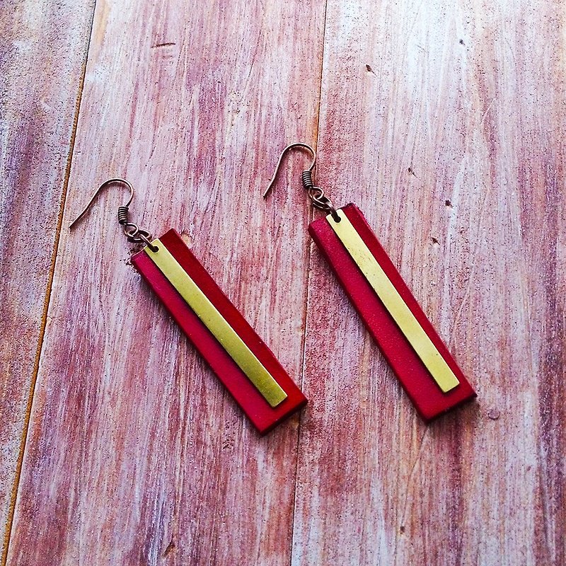 長方形 黃銅 耳環 真皮 垂吊式 紅色  Kai手工皮革 - 耳環/耳夾 - 真皮 紅色