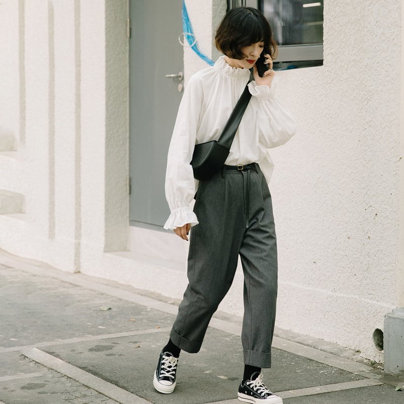 Dark Gray High Waist Cropped Wide Leg Pants|Pants|Summer and Autumn|Cotton+Polyester|Sora-334 - กางเกงขายาว - ผ้าฝ้าย/ผ้าลินิน สีเทา