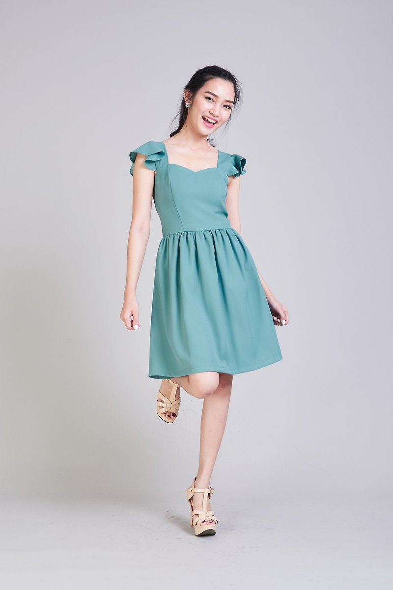 セージグリーンのウエディングドレス フリルスリーブドレス フレアスカート プロムドレス プロムドレス 美しいドレス - ワンピース - ポリエステル グリーン