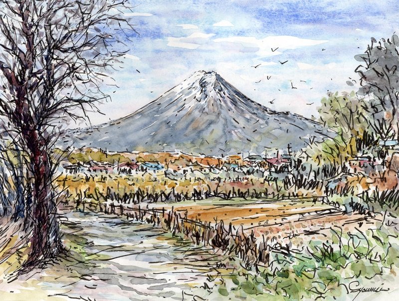 Original Watercolor Painting: Mt. Fuji from Oshino - Posters - Paper Brown