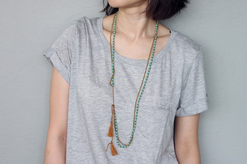 Tassels Necklaces Turquoise Stone Brass Long Wrap Solid Brass - Necklaces - Copper & Brass Green