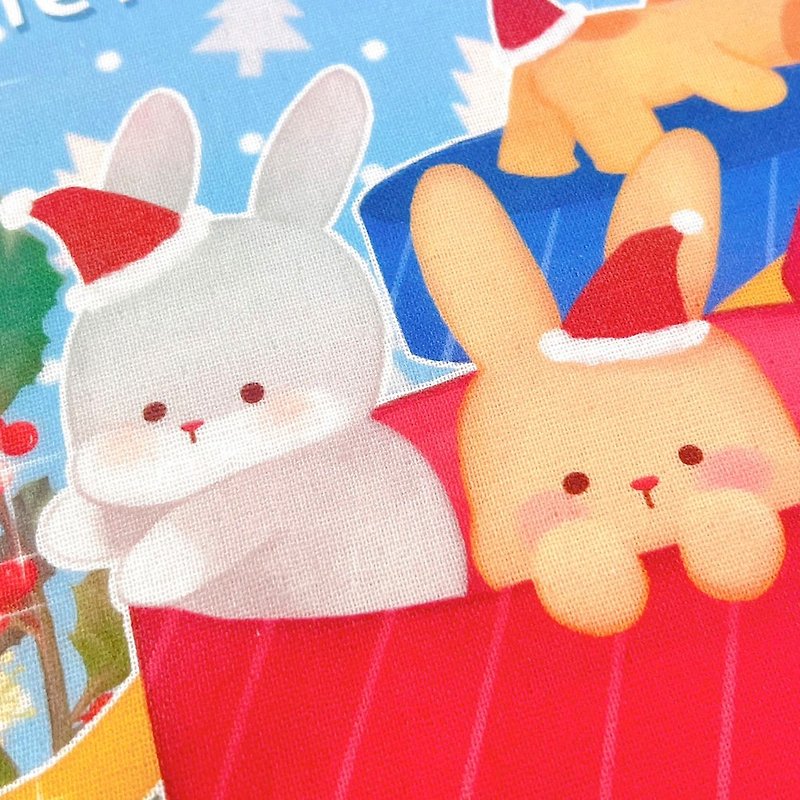 【クリスマスギフト】ピュアコットン100% MIT色落ち::イラストスクエアスカーフ-Bunny Party - ハンカチ - コットン・麻 多色