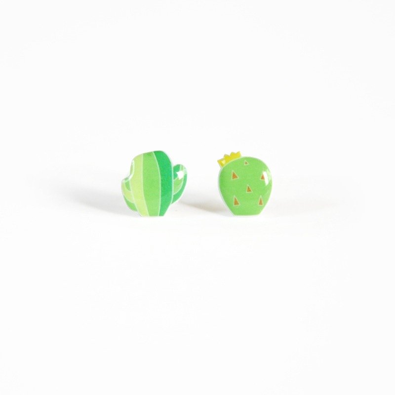 多肉仙人掌 手繪森系不對稱耳釘 可改耳夾款 清新禮物 - 耳環/耳夾 - 塑膠 綠色