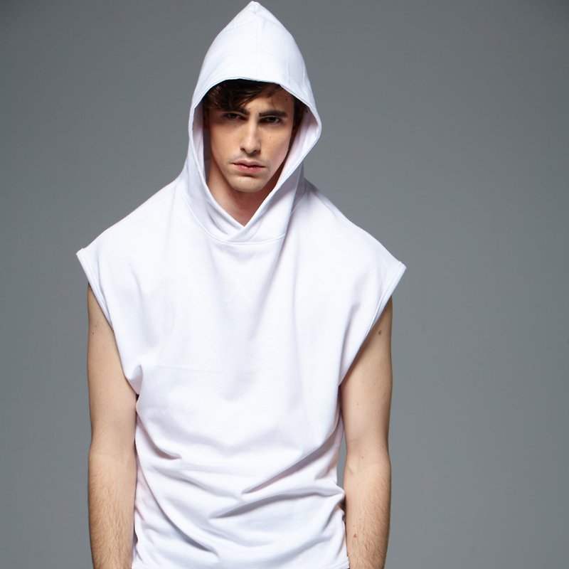 Stone'As Hoodie Vest White / white hooded vest tee - เสื้อกั๊กผู้ชาย - ผ้าฝ้าย/ผ้าลินิน ขาว
