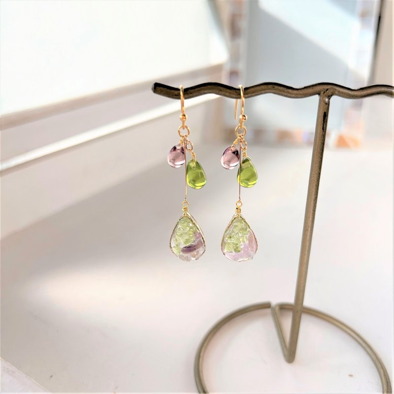 Natural Stone Peridot / Amethyst Purple Green Teardrop Glass Hanging Long Earrings Clip-On Allergy Responsive Surgical Stainless Steel 0032 - Earrings & Clip-ons - Semi-Precious Stones Purple