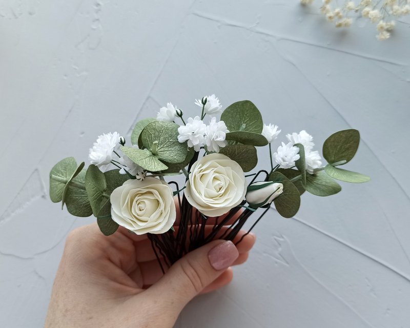 Floral hairpin green eucalyptus Rose hair piece Wedding hair pins 頭飾 - เครื่องประดับผม - วัสดุอื่นๆ หลากหลายสี