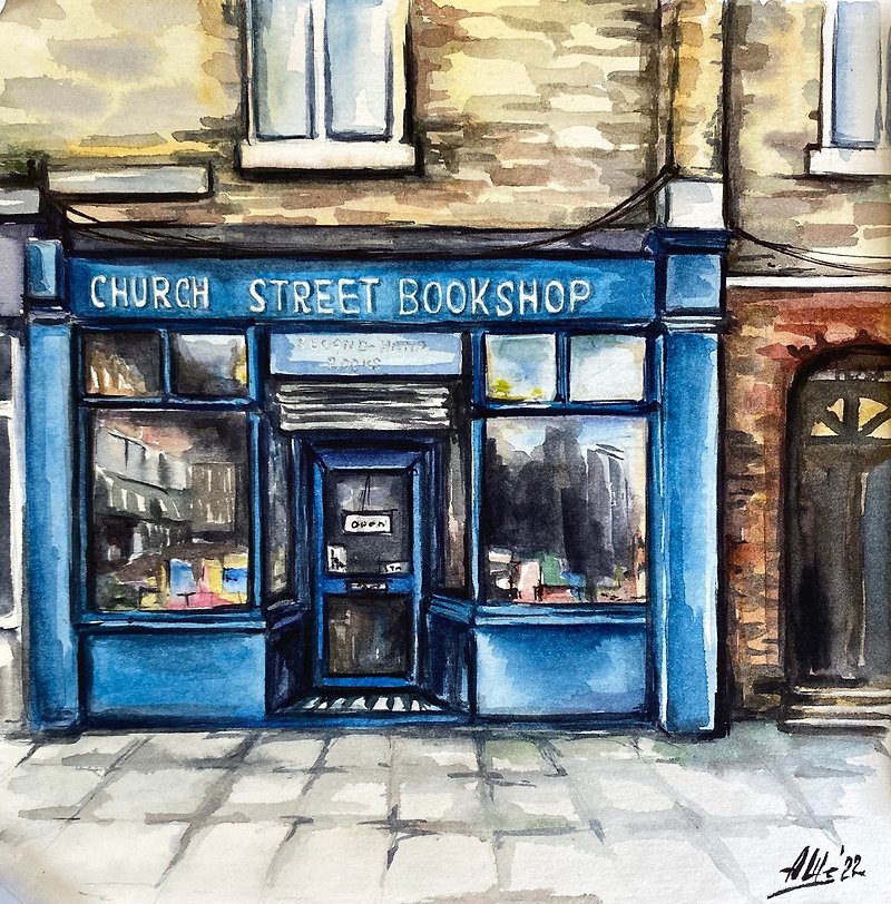 Old bookshop painting Original watercolor painting Cityscape painting House art - Posters - Paper Multicolor