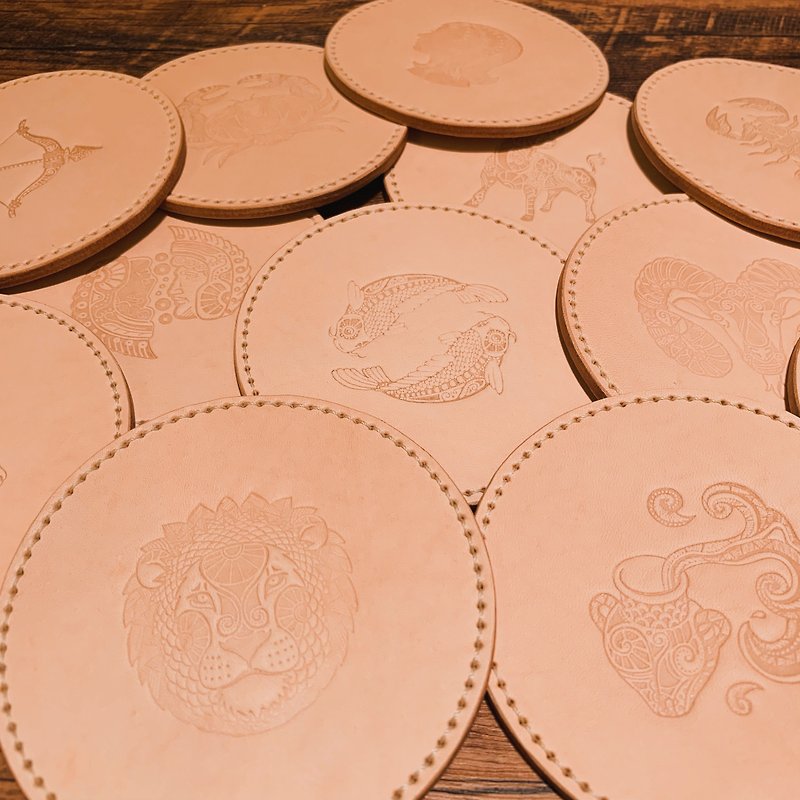 [Cow leather coaster/double-sided coaster/vegetable tanned leather first layer cowhide/12 constellation coaster] - Items for Display - Genuine Leather Orange