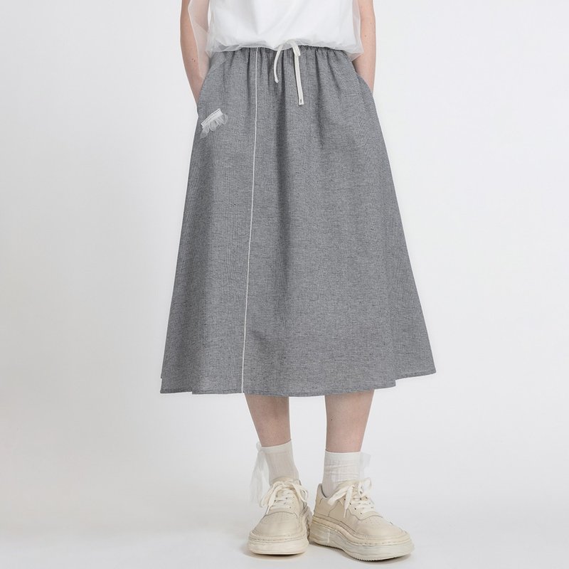 Summer Houndstooth Skirt Linen Cotton Women's High Waist Versatile Lightweight Mid-Length A-Line Umbrella Skirt - กระโปรง - ผ้าฝ้าย/ผ้าลินิน 