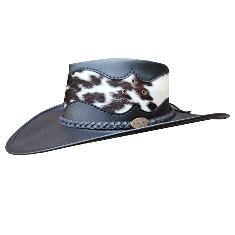 Western Australian Style Black Leather Ranch Cowboy Hat with Cowhide Inlay - 帽子 - 真皮 黑色