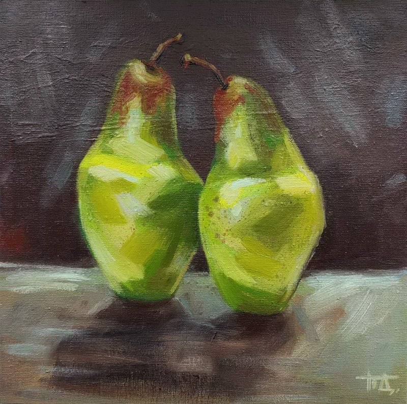 Original oil painting on canvas Still life Green pears 20x20 cm Impressionism - อื่นๆ - วัสดุอื่นๆ หลากหลายสี