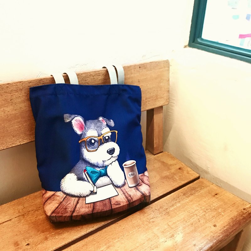 Self-designed Schnauzer Schnauzer canvas bag - กระเป๋าถือ - วัสดุอื่นๆ สีน้ำเงิน