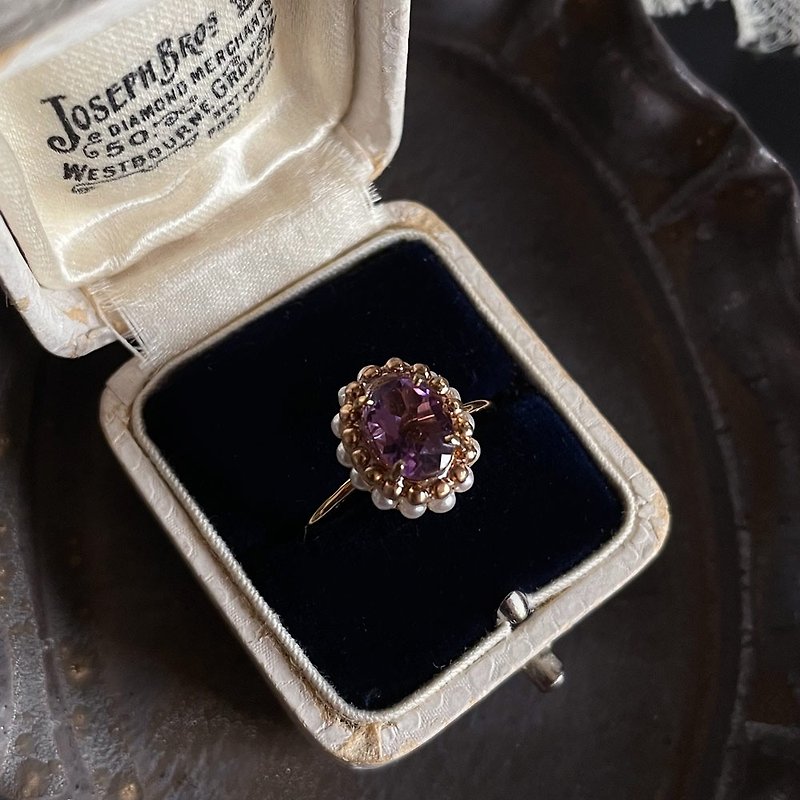 Surgical stainless Stainless Steel Gemstone amethyst and vintage pearl oval ring / metal allergy resistant - General Rings - Gemstone Purple