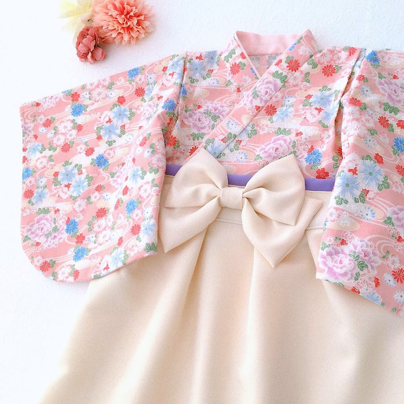 日本褲和服 - 流水花 Pink - Cream (女童/嬰兒/兒童) - 男/女童禮服 - 棉．麻 粉紅色