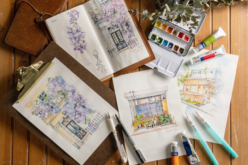 【二人旅割引】春の藤のお花屋さんスケッチ。ジョイスの紙旅行/旅行 - 絵画教室・アートスクール - 紙 