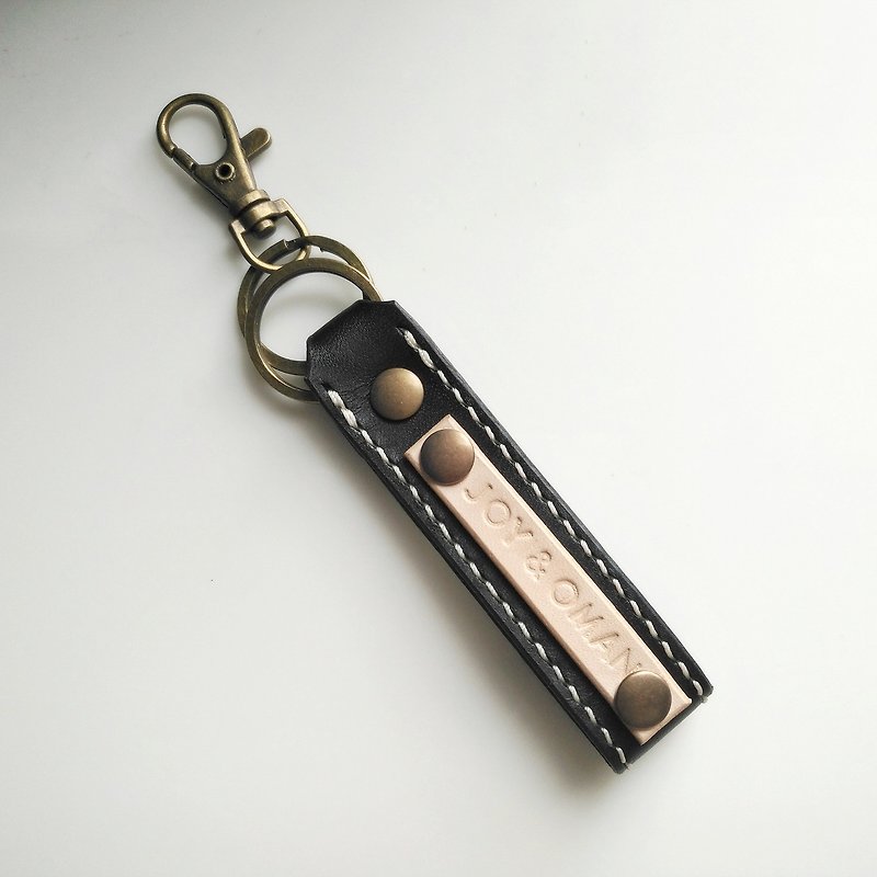 Personalized Leather Keychain with custom name stamp (black and natural) - Keychains - Genuine Leather Black