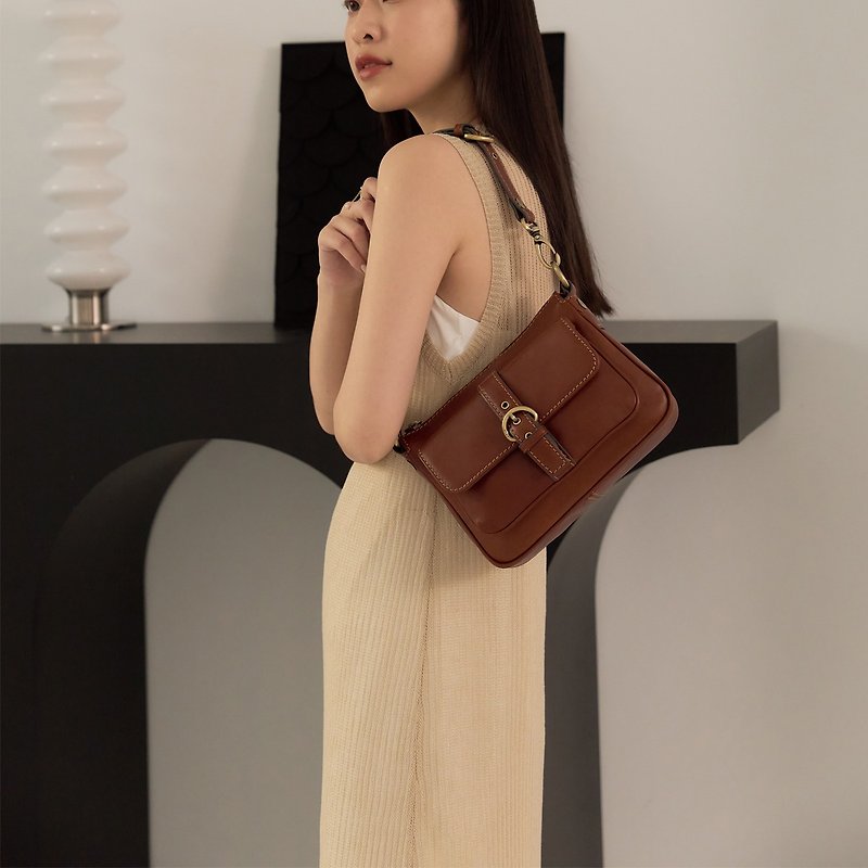 leather buckle shoulder bag - Messenger Bags & Sling Bags - Genuine Leather Brown