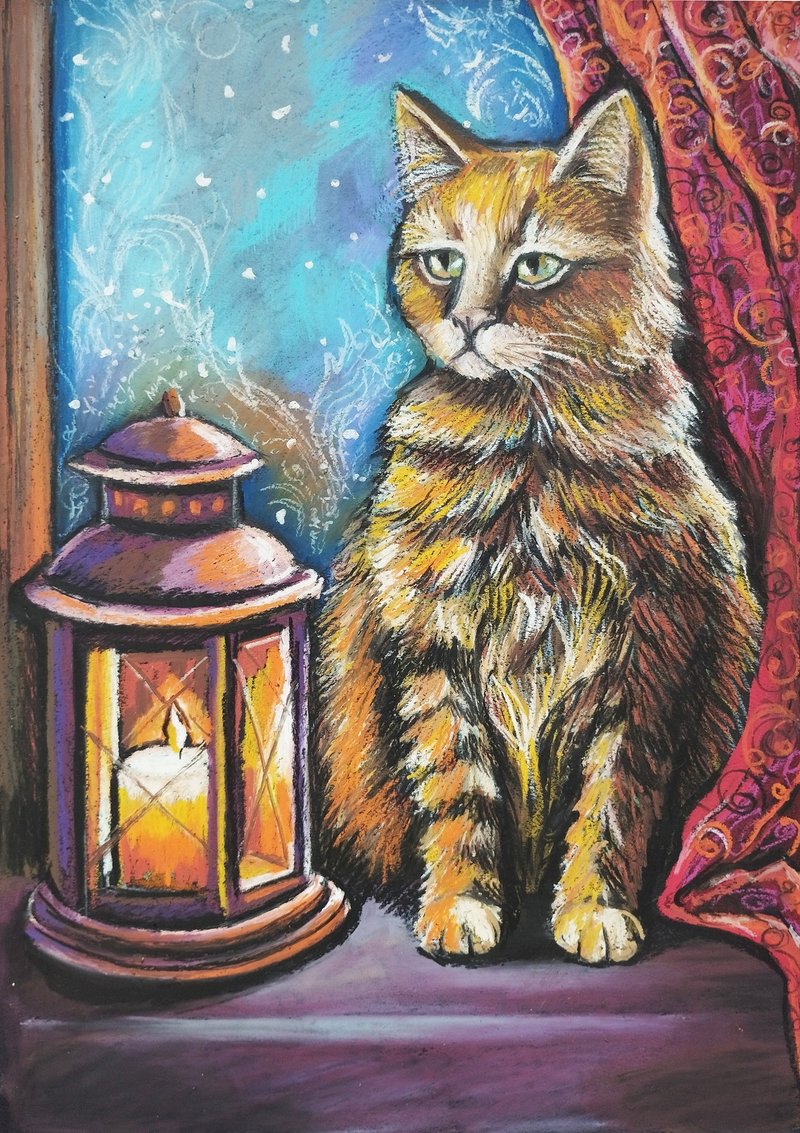 Portrait cat painting animal art cozy evening art candles - 壁貼/牆壁裝飾 - 紙 藍色